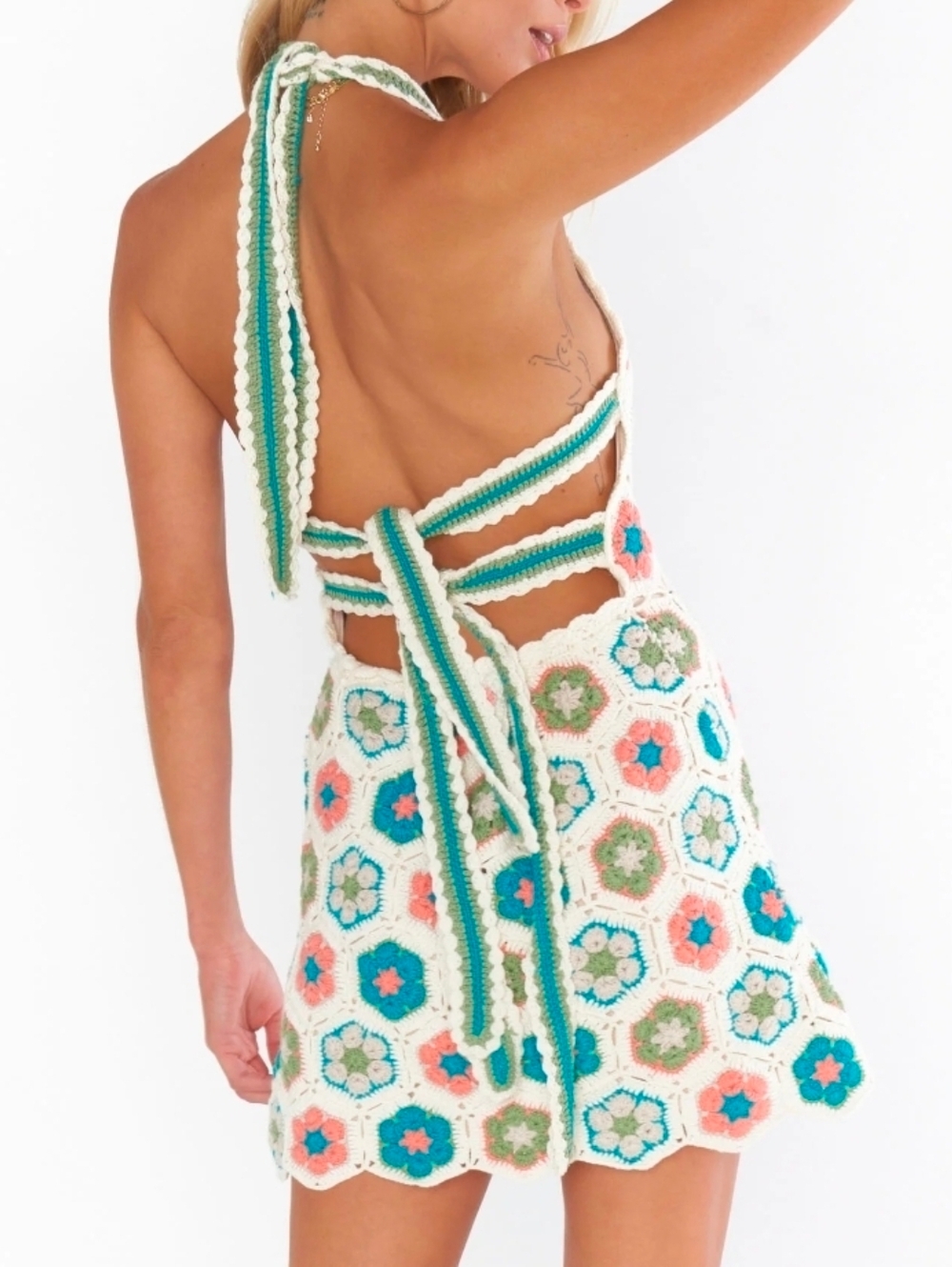 Show Me Your MuMu Happy Halter Mini Dress 70s Multi Crochet - Picture 2 of 8